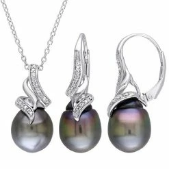 Stella Grace Sterling Silver 1/10 Carat T.W. Diamond & Tahitian Cultured Pearl Drop Pendant & Earring Set