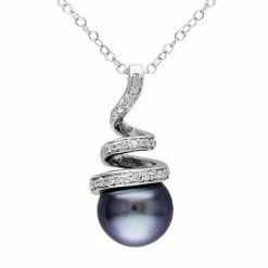 Stella Grace Sterling Silver Tahitian Cultured Pearl & 1/10 Carat T.W. Diamond Swirl Pendant Necklace