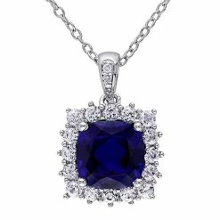 Stella Grace Sterling Silver Lab Created Blue Sapphire, Lab Created White Sapphire & Diamond Accent Halo Pendant Necklace