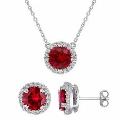 Stella Grace Sterling Silver Lab-Created Ruby & Lab-Created White Sapphire Halo Earring & Pendant Necklace Set