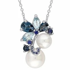 Stella Grace Sterling Silver Freshwater Cultured Pearl, Blue Topaz & Sapphire Pendant