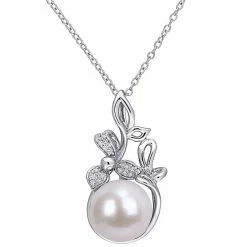 Stella Grace Sterling Silver Freshwater Cultured Pearl & Diamond Accent Floral Pendant Necklace