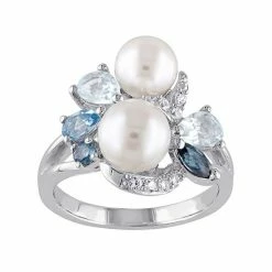 Stella Grace Sterling Silver Blue Topaz, Lab-Created White Sapphire & Freshwater Cultured Pearl Ring