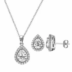 Stella Grace Lab-Created White Sapphire Sterling Silver Teardrop Halo Pendant Necklace & Stud Earring Set