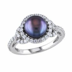 Stella Grace Sterling Silver Dyed Black Freshwater Cultured Pearl & Cubic Zirconia Ring