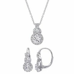 Stella Grace Sterling Silver Lab-Created White Sapphire Halo Pendant Necklace & Earring Set