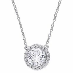 Stella Grace Sterling Silver Lab-Created White Sapphire Halo Pendant Necklace