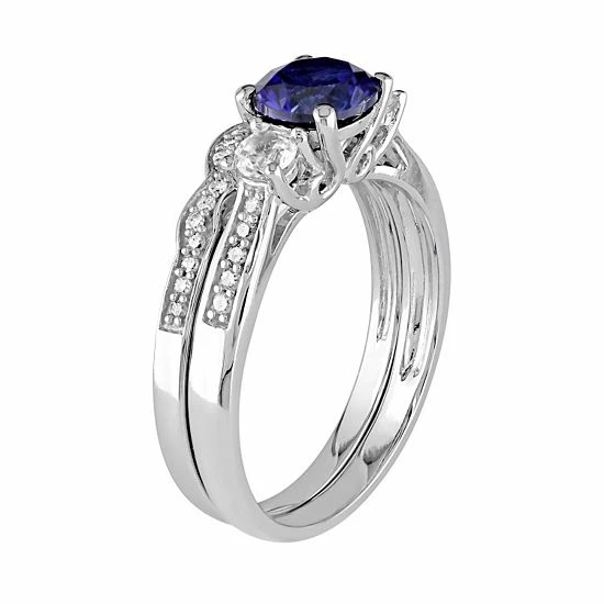 Stella Grace Lab-Created Blue & White Sapphire & 1/8 Carat T.W. Diamond 10k White Gold 3-Stone Engagement Ring Set 2 Stella Grace Lab-Created Blue & White Sapphire & 1/8 Carat T.W. Diamond 10k White Gold 3-Stone Engagement Ring Set - Image 2