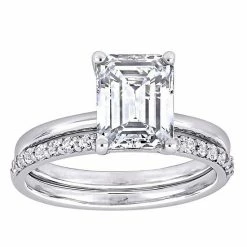 Stella Grace 10K White Gold Lab-Created White Sapphire Emerald Cut Bridal Ring Set