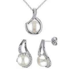 Stella Grace Sterling Silver Freshwater Cultured Pearl & 1/10 Carat T.W. Diamond Pendant & Earring Set