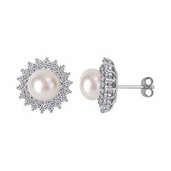 Stella Grace Sterling Silver Cubic Zirconia & Freshwater Cultured Pearl Starburst Earrings
