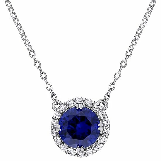 Stella Grace Sterling Silver Lab-Created Blue & White Sapphire Halo Necklace 1 Stella Grace Sterling Silver Lab-Created Blue & White Sapphire Halo Necklace