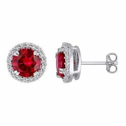 Stella Grace Sterling Silver Lab-Created Ruby & Lab-Created White Sapphire Halo Stud Earrings