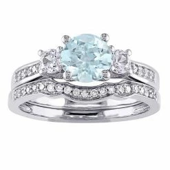 Stella Grace 10k White Gold Aquamarine, Lab-Created White Sapphire & 1/8 Carat T.W. Diamond Vintage Engagement Ring Set