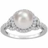 Stella Grace Sterling Silver Freshwater Cultured Pearl & White Topaz Halo Ring