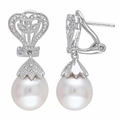Stella Grace Sterling Silver Diamond Accent & Freshwater Cultured Pearl Heart Leaf Earrings