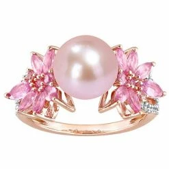 Stella Grace 14k Rose Gold Dyed Pink Freshwater Cultured Pearl, Pink Sapphire & 1/8 Carat T.W. Diamond Flower Ring