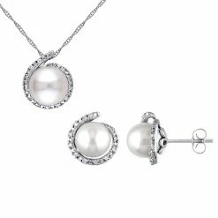Stella Grace 10k White Gold Freshwater Cultured Pearl & 1/7 Carat T.W. Diamond Halo Pendant & Earring Set