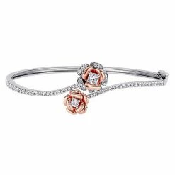 Stella Grace Two Tone Sterling Silver Lab-Created White Sapphire Flower Bangle Bracelet