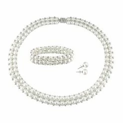 Stella Grace Sterling Silver Freshwater Cultured Pearl Necklace, Stretch Bracelet And Stud Earring Set