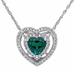 Stella Grace 10k White Gold 1/5 Carat T.W Diamond & Lab-Created Emerald Heart Shaped Pendant Necklace