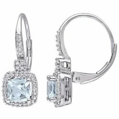 Stella Grace 10k White Gold 1/5 Carat T.W. Diamond & Aquamarine Halo Leverback Earrings