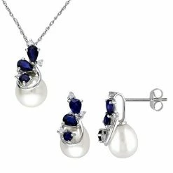 Stella Grace 10k White Gold Freshwater Cultured Pearl, Sapphire & 1/10 Carat T.W. Diamond Pendant & Earring Set