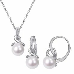Stella Grace Sterling Silver Freshwater Cultured Pearl & 1/10 Carat T.W. Diamond Pendant & Earring Set