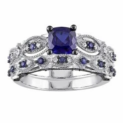 Stella Grace 10k White Gold Lab-Created Sapphire & 1/10 Carat T.W. Diamond Vintage Filigree Engagement Ring Set