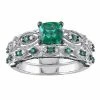 Stella Grace 10k White Gold Lab-Created Emerald & 1/10 Carat T.W. Diamond Vintage Filigree Engagement Ring Set