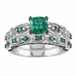 Stella Grace 10k White Gold Lab-Created Emerald & 1/10 Carat T.W. Diamond Vintage Filigree Engagement Ring Set