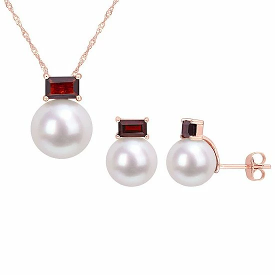 Stella Grace 10k Rose Gold Freshwater Cultured Pearl & Garnet Drop Pendant & Earring Set 1 Stella Grace 10k Rose Gold Freshwater Cultured Pearl & Garnet Drop Pendant & Earring Set