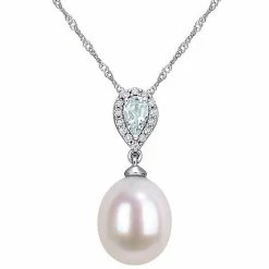 Stella Grace 10k White Gold Diamond Accent, Aquamarine & Freshwater Cultured Pearl Pendant