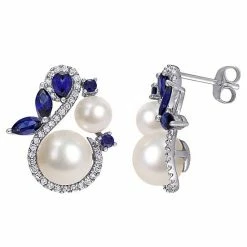 Stella Grace 10k White Gold Freshwater Cultured Pearl 1/3 Carat T.W. Diamond & Lab-Created Sapphire Earrings