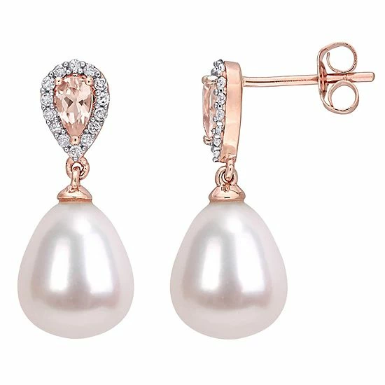 Stella Grace 10k Rose Gold 1/8 Carat T.W. Diamond, Morganite & Freshwater Cultured Pearl Drop Earrings 1 Stella Grace 10k Rose Gold 1/8 Carat T.W. Diamond, Morganite & Freshwater Cultured Pearl Drop Earrings
