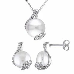Stella Grace Sterling Silver Freshwater Cultured Pearl & 1/5 Carat T.W. Diamond Pendant & Earring Set