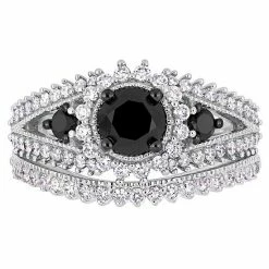 Stella Grace 10k White Gold 2 Carat T.W. Black & White Diamond Halo Engagement Ring Set