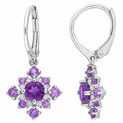 Stella Grace Sterling Silver African Amethyst & White Topaz Leverback Cluster Drop Earrings