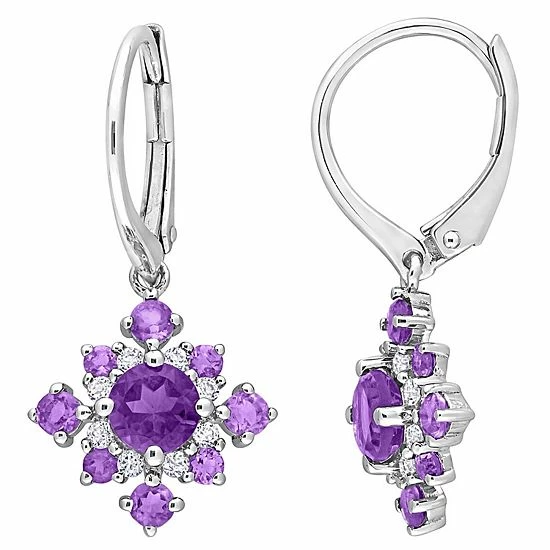 Stella Grace Sterling Silver African Amethyst & White Topaz Leverback Cluster Drop Earrings 1 Stella Grace Sterling Silver African Amethyst & White Topaz Leverback Cluster Drop Earrings