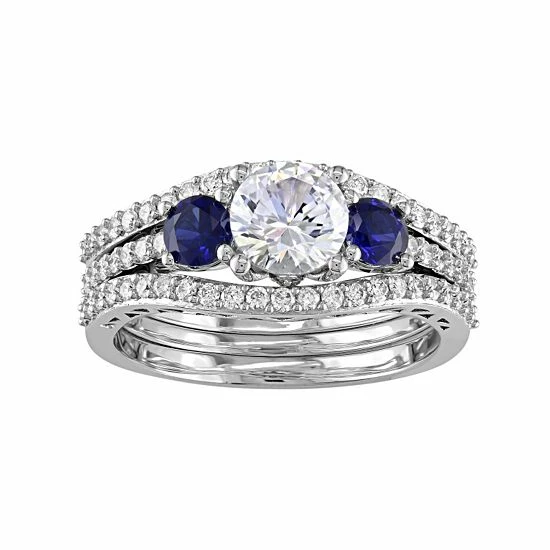 Stella Grace 10k White Gold Lab-Created White & Blue Sapphire & 1/2 Carat T.W. Diamond 3-Piece Engagement Ring Set 1 Stella Grace 10k White Gold Lab-Created White & Blue Sapphire & 1/2 Carat T.W. Diamond 3-Piece Engagement Ring Set