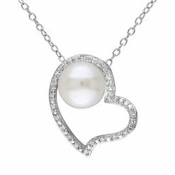 Stella Grace 1/10 Carat T.W. Diamond & Freshwater Cultured Pearl Sterling Silver Heart Pendant Necklace