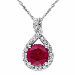 Stella Grace 10k White Gold 1/4 Carat T.W Diamond & Lab-Created Ruby Teardrop Pendant Necklace