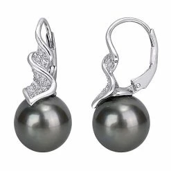 Stella Grace Sterling Silver Tahitian Cultured Pearl & 1/6 Carat T.W. Diamond Leverback Earrings