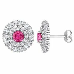 Stella Grace Sterling Silver Pink Topaz & White Topaz Double Halo Stud Earrings