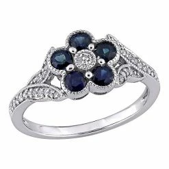 Stella Grace 10K White Gold Sapphire & 1/6 Carat T.W. Diamond Flower Ring