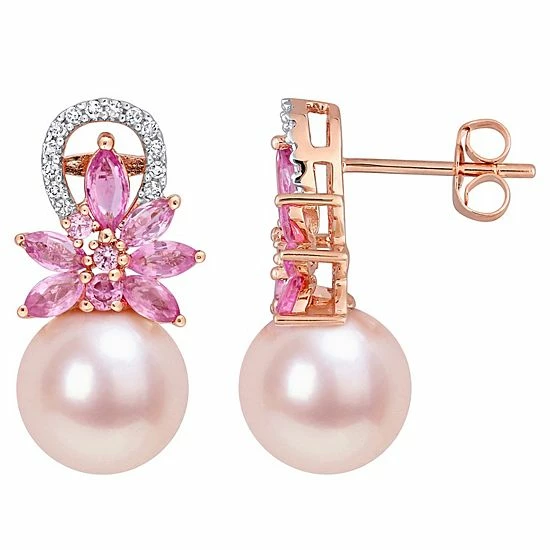 Stella Grace 14k Rose Gold Dyed Pink Freshwater Cultured Pearl, Pink Sapphire & 1/8 Carat T.W. Diamond Drop Earrings 1 Stella Grace 14k Rose Gold Dyed Pink Freshwater Cultured Pearl, Pink Sapphire & 1/8 Carat T.W. Diamond Drop Earrings