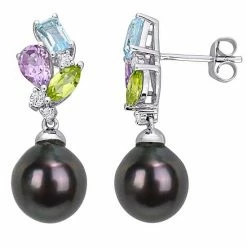 Stella Grace 10k White Gold Multi Gemstone & Black Tahitian Cultured Pearl Drop Earrings