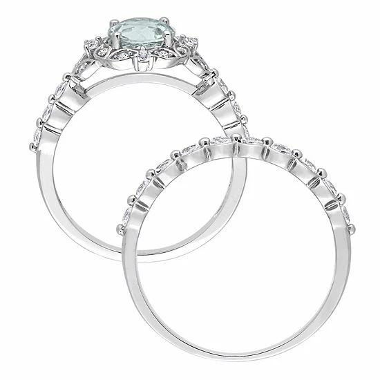 Stella Grace 10k White Gold Aquamarine, White Topaz & Diamond Accent Vintage Engagement Ring Set 3 Stella Grace 10k White Gold Aquamarine, White Topaz & Diamond Accent Vintage Engagement Ring Set - Image 3