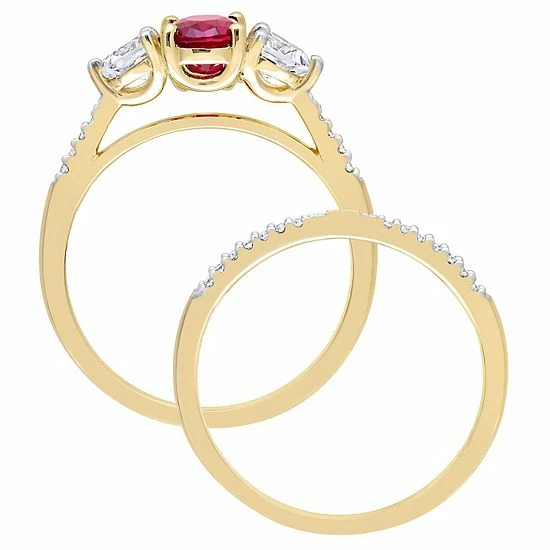 Stella Grace 10k Gold Lab-Created Ruby, Lab-Created White Sapphire & 1/10 Carat T.W. Diamond Engagement Ring Set 3 Stella Grace 10k Gold Lab-Created Ruby, Lab-Created White Sapphire & 1/10 Carat T.W. Diamond Engagement Ring Set - Image 3