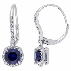 Stella Grace 10k White Gold 1/10 Carat T.W. Diamond & Lab-Created Sapphire Halo Leverback Earrings